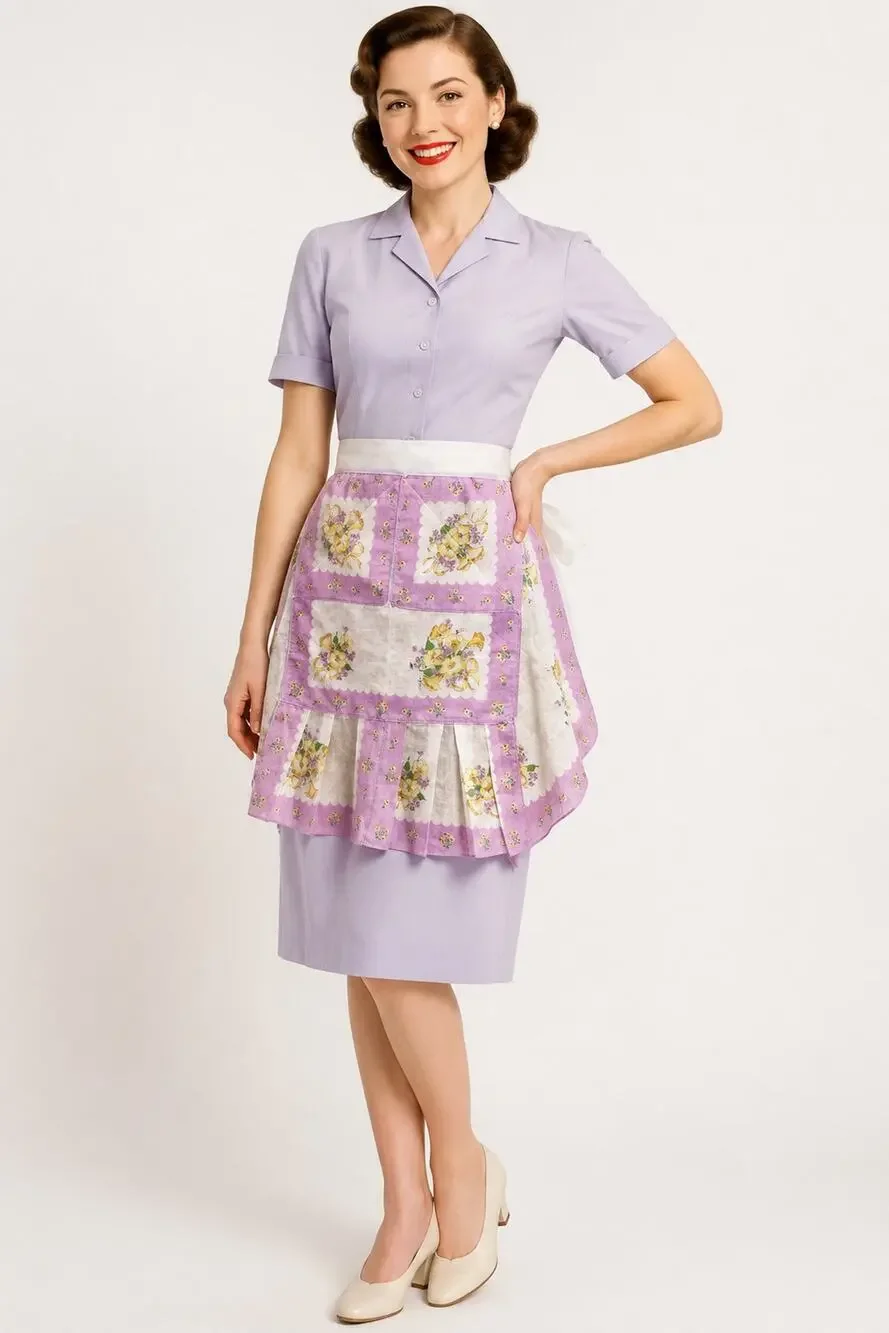 Vintage 50s Lilac Floral Hankie Apron Handmade Sheer Hostess Tea Apron